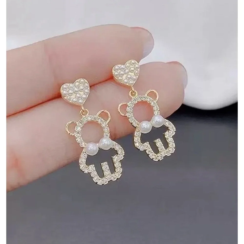 Mini Bear Rhinestones Dangle Earrings Statement Faux Pearl Gold Accent Jewelry